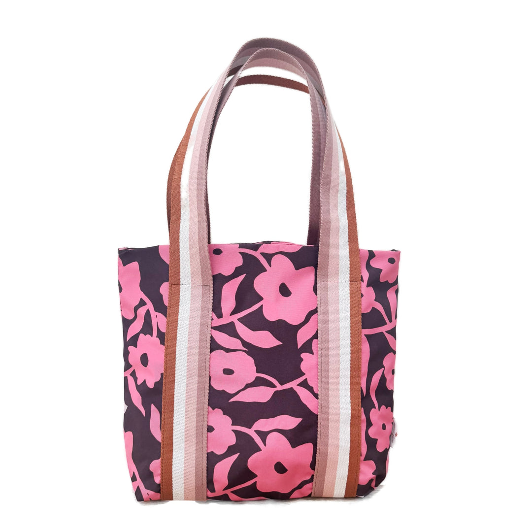 Small pink and brown zipped top tote bag with wide stripped handles